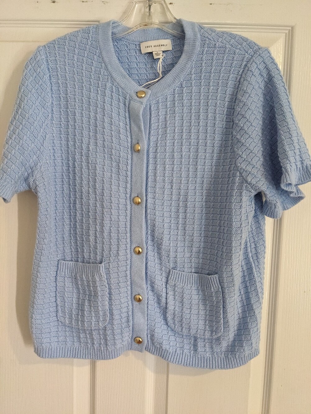 Blue Short-Sleeve Knit Cardigan with Gold Buttons